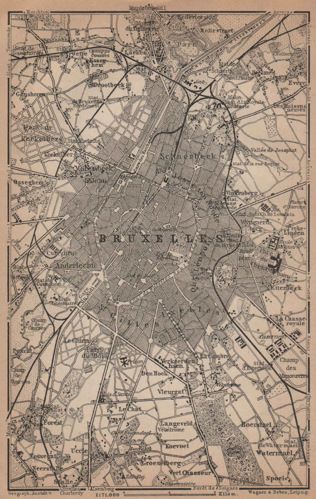 BRUSSELS BRUXELLES BRUSSEL environs plan. Belgium carte. BAEDEKER 1905 old map